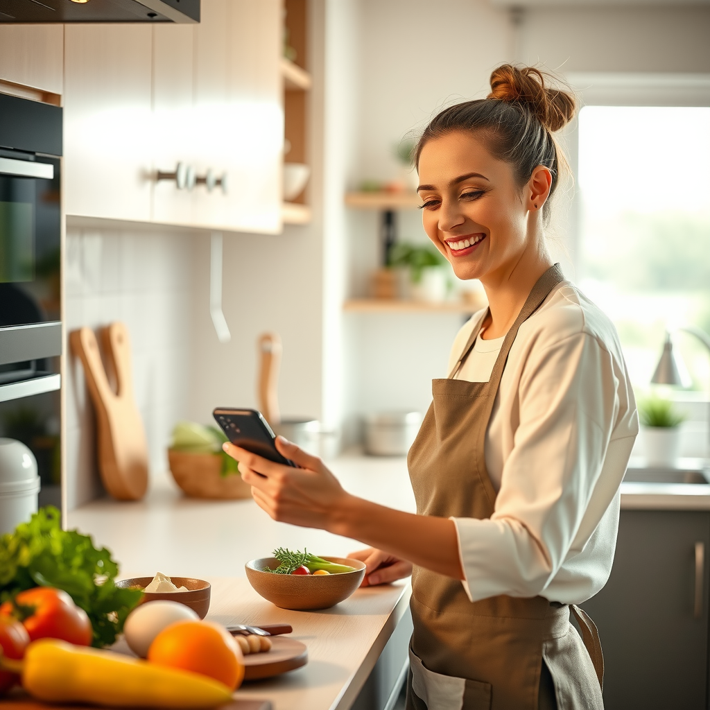 Home cook smiling while preparing a meal at home